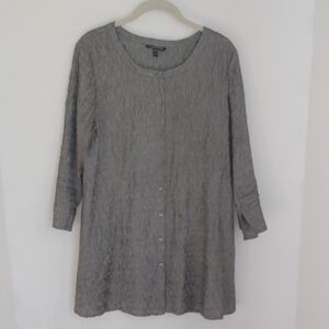 Eileen Fisher Womens Gray Crinkled Texture Silk Button Up Tunic Top Sz M Luxury
